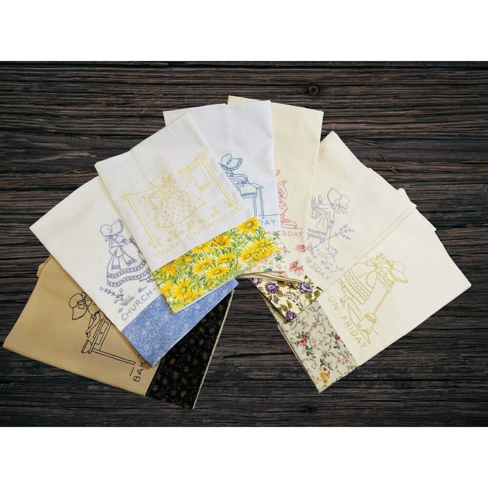 Vintage Hand Embroidered Day Of The Week Dish Towels - Set Of 7 Prairie Bonnet